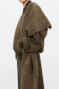Spanish Suede Baseball Jacket With Wool Cape