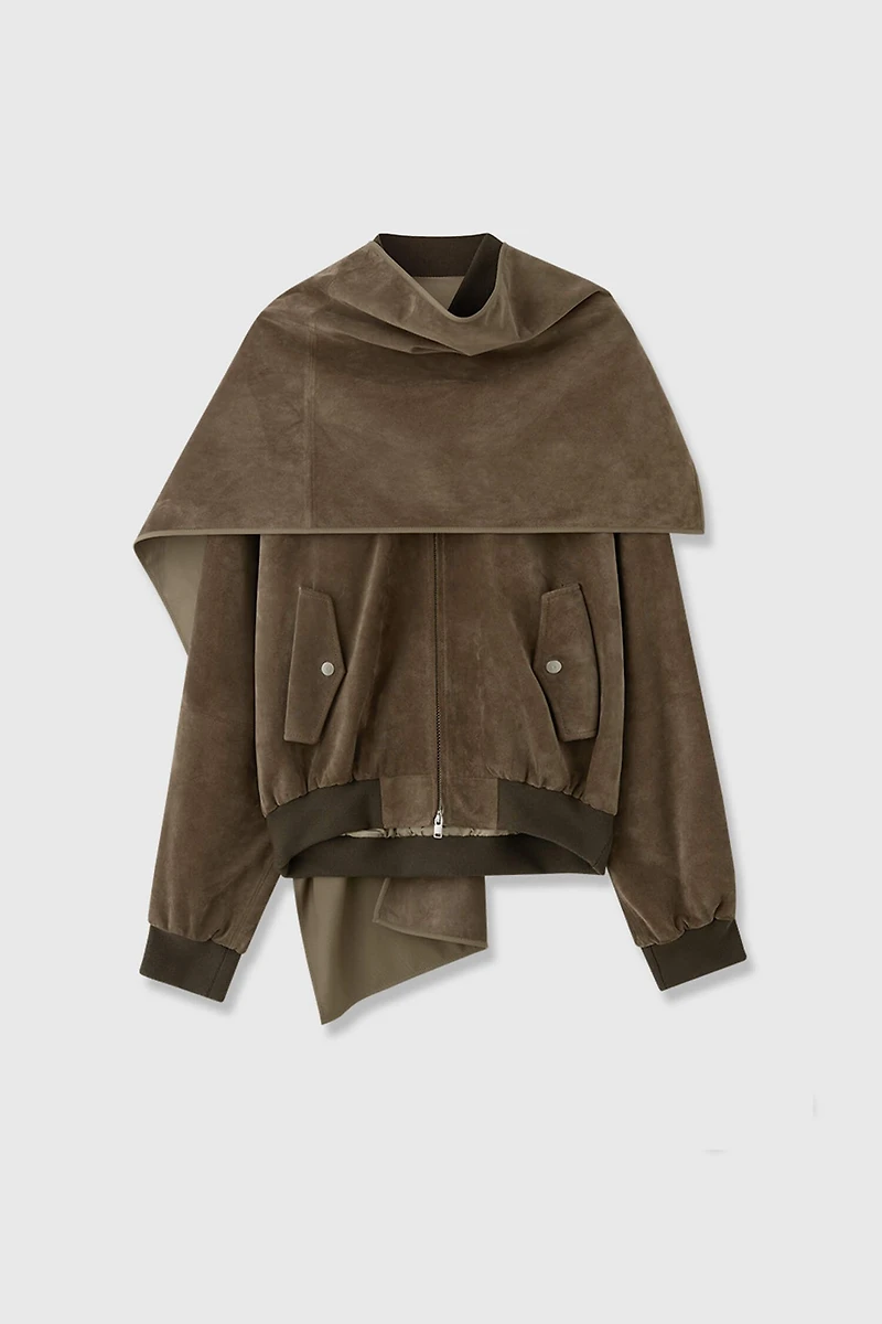Spanish Suede Baseball Jacket With Wool Cape