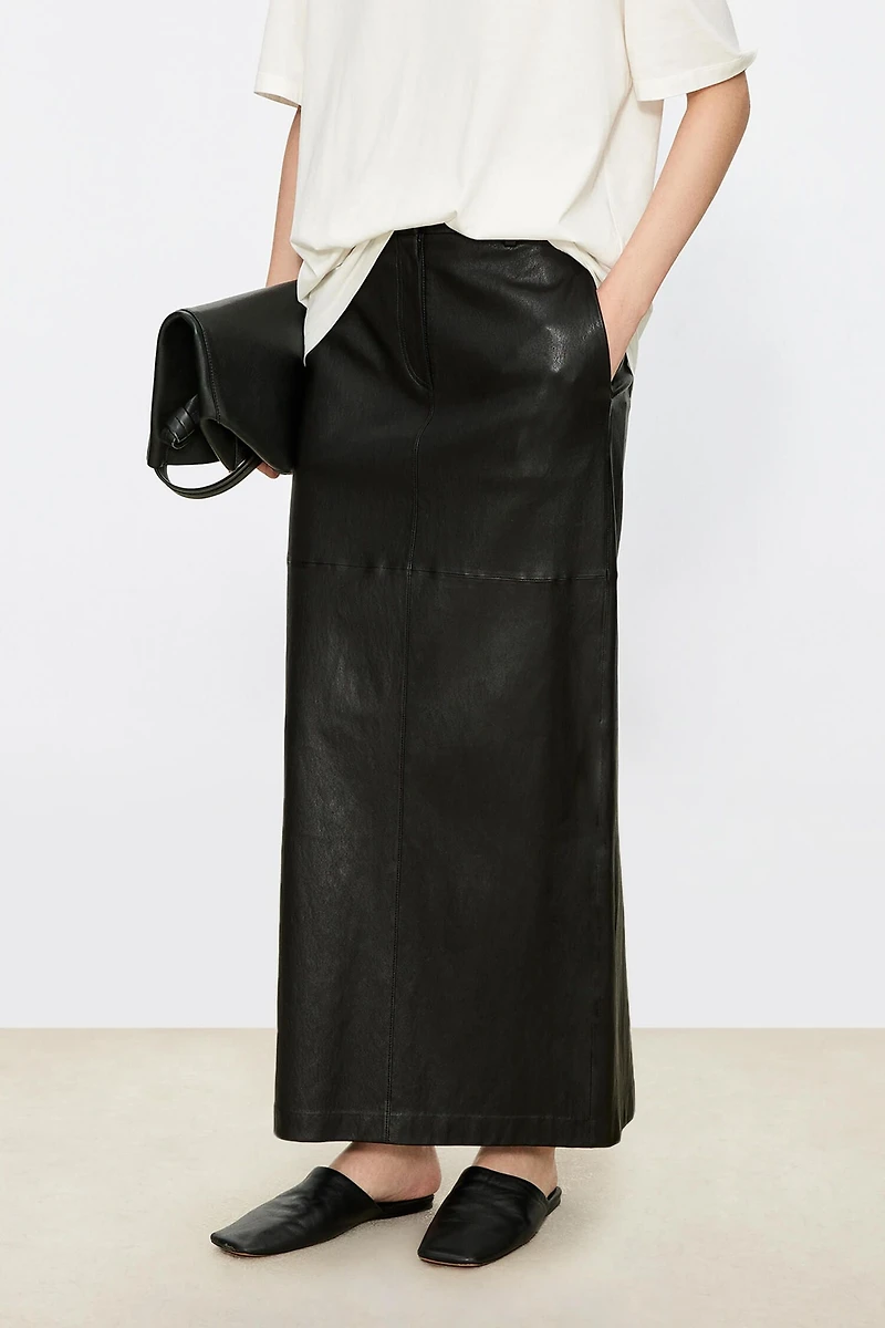 Stretch Lambskin Elastic Waist Midi Skirt