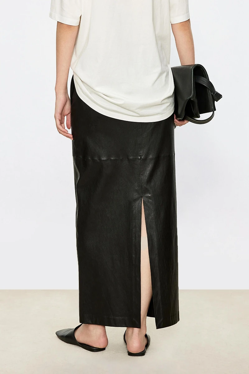 Stretch Lambskin Elastic Waist Midi Skirt