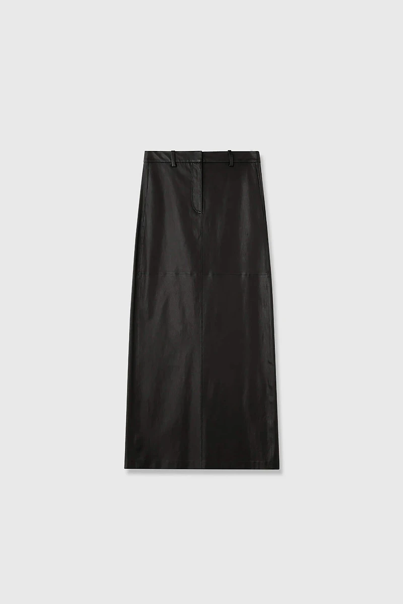 Stretch Lambskin Elastic Waist Midi Skirt