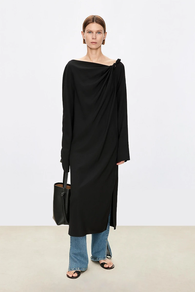 Stretch Silk Knot Shoulder Dress