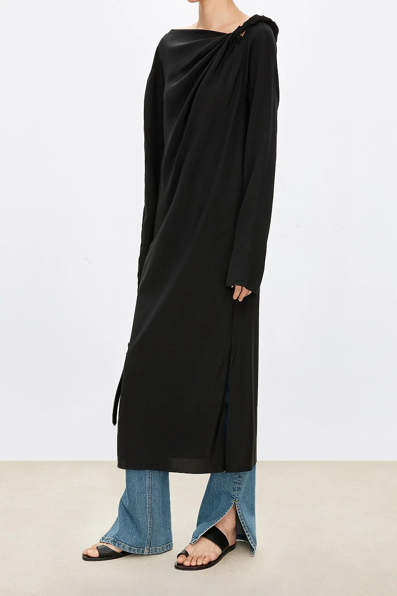 Stretch Silk Knot Shoulder Dress