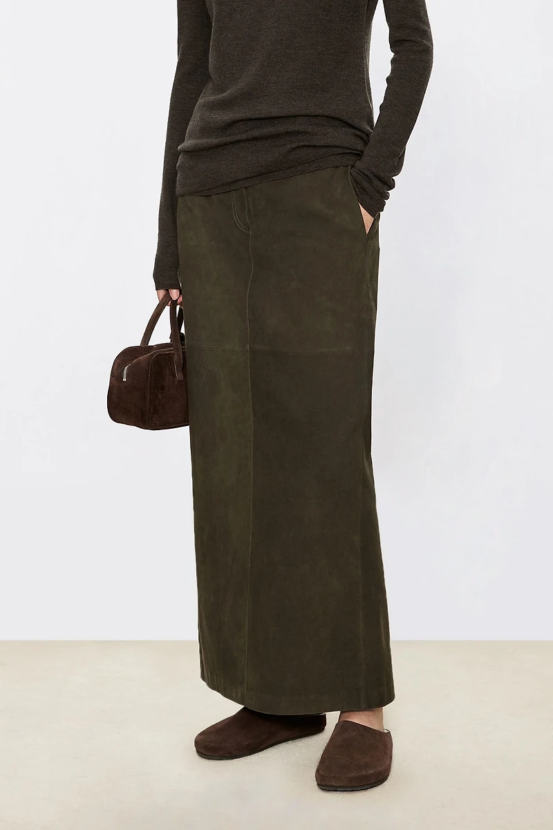 Suede Lambskin Elastic Waist Midi Skirt