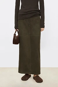 Suede Lambskin Elastic Waist Midi Skirt