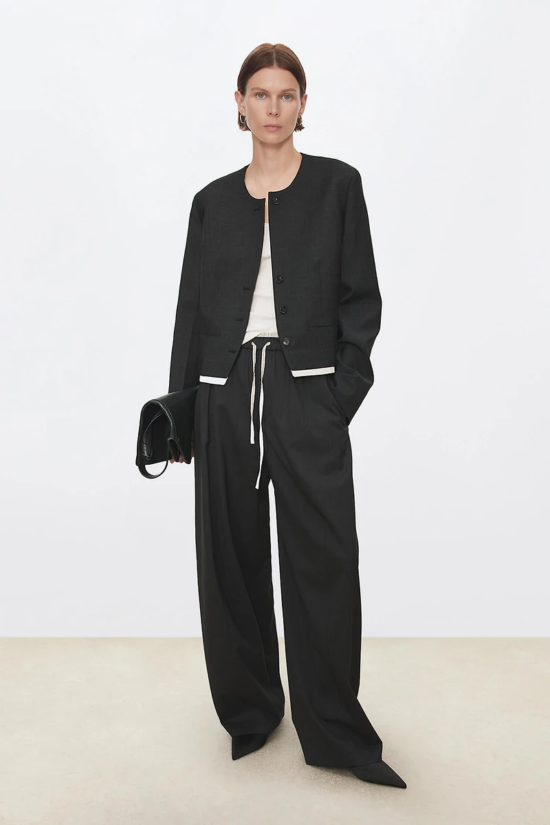 Tailored Stretch Wool Collarless Blazer