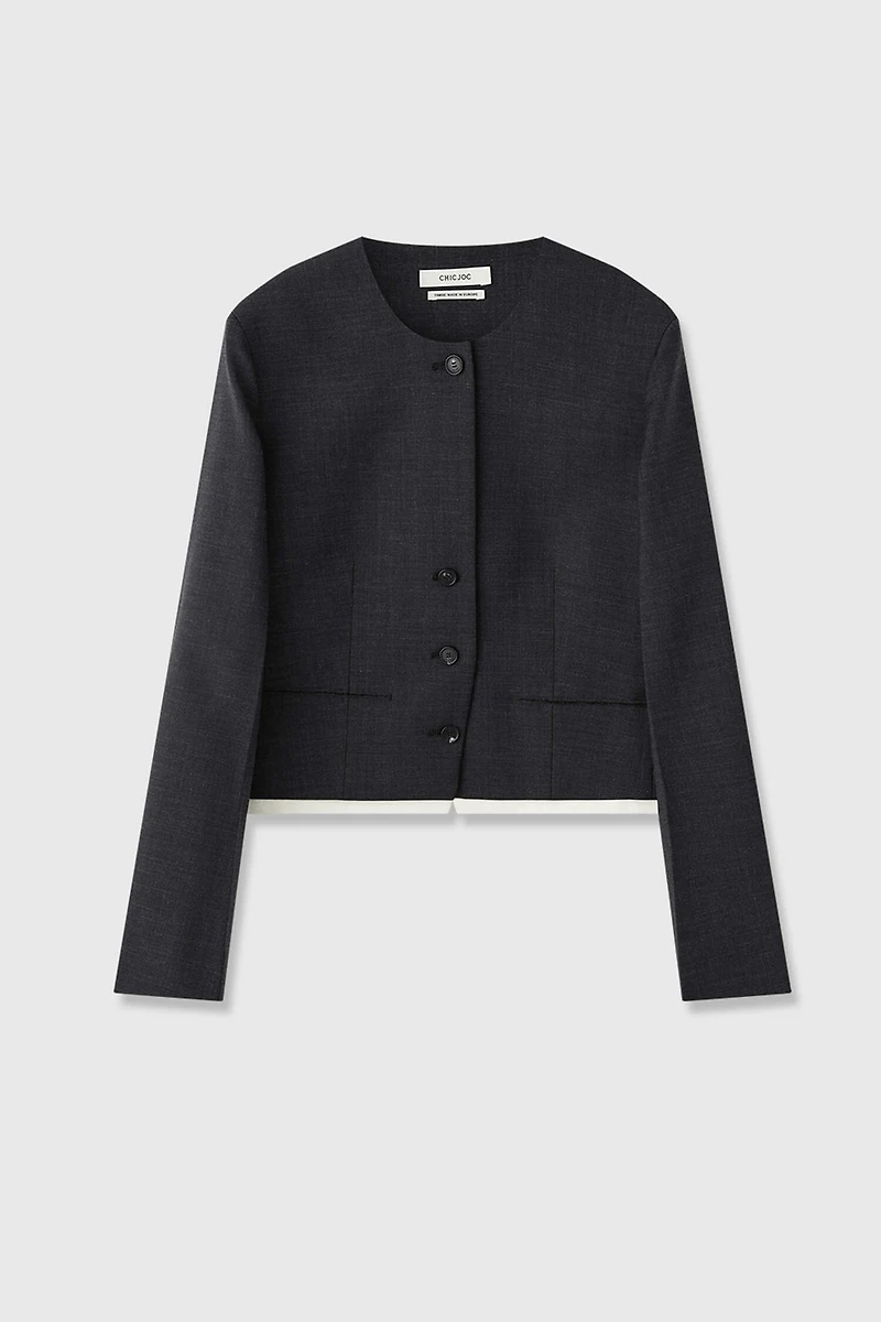 Tailored Stretch Wool Collarless Blazer