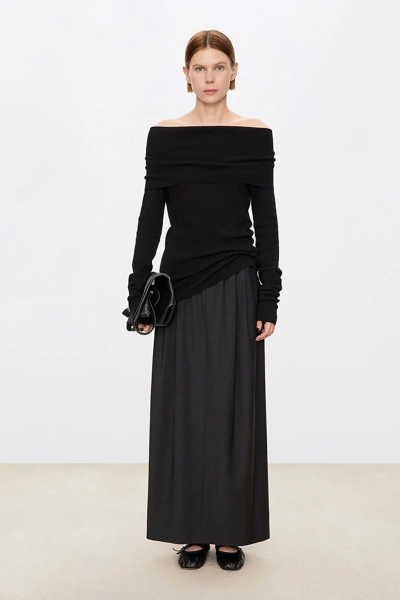 Wool Blend Stretch Waist Midi Skirt