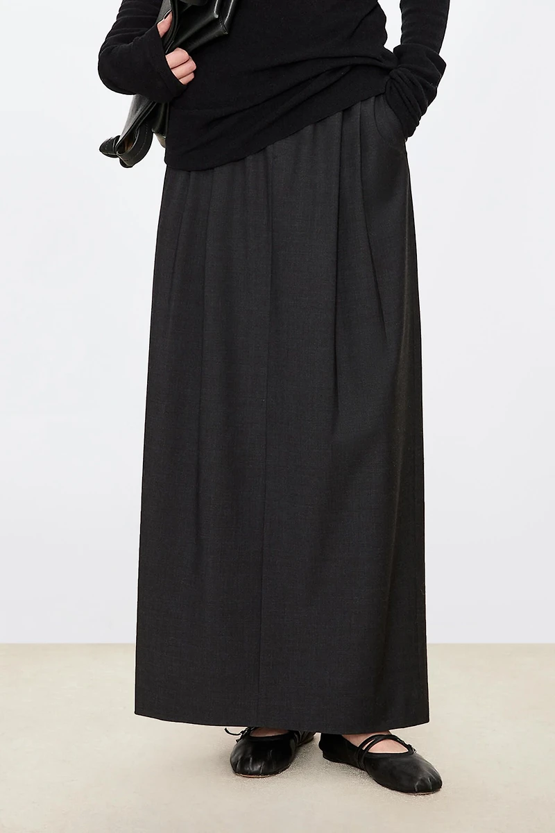 Wool Blend Stretch Waist Midi Skirt