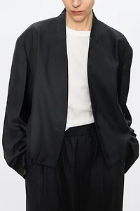 Wool Blend Striped Collarless Blazer