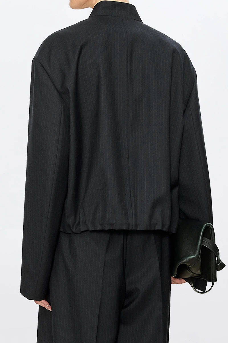 Wool Blend Striped Collarless Blazer