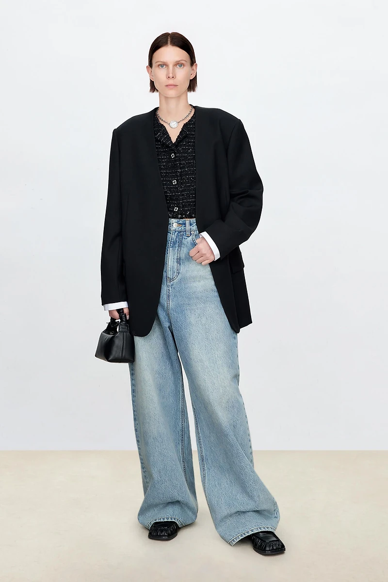 Wool Collarless Blazer with Detachable Cuffs
