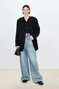 Wool Collarless Blazer with Detachable Cuffs