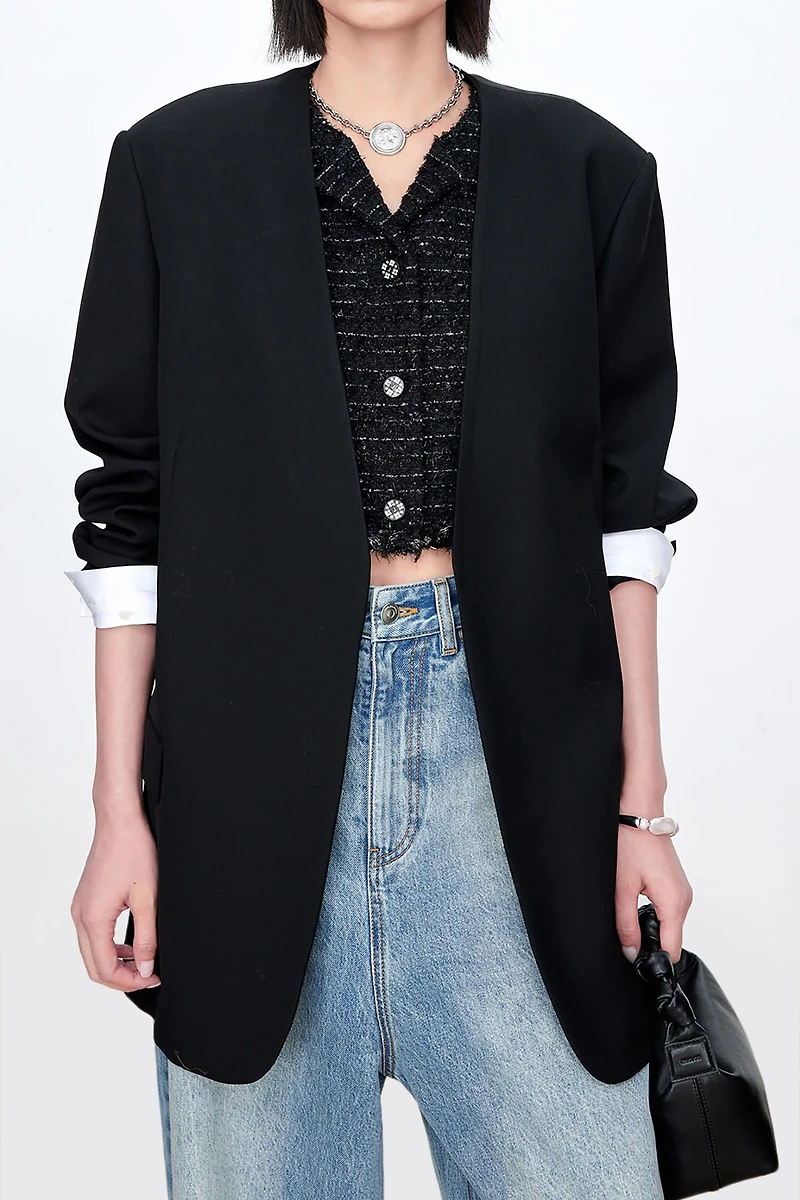 Wool Collarless Blazer with Detachable Cuffs