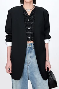Wool Collarless Blazer with Detachable Cuffs