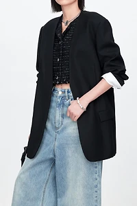 Wool Collarless Blazer with Detachable Cuffs