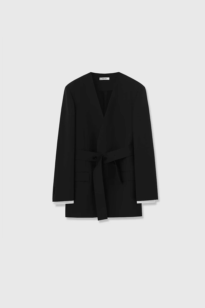 Wool Collarless Blazer with Detachable Cuffs
