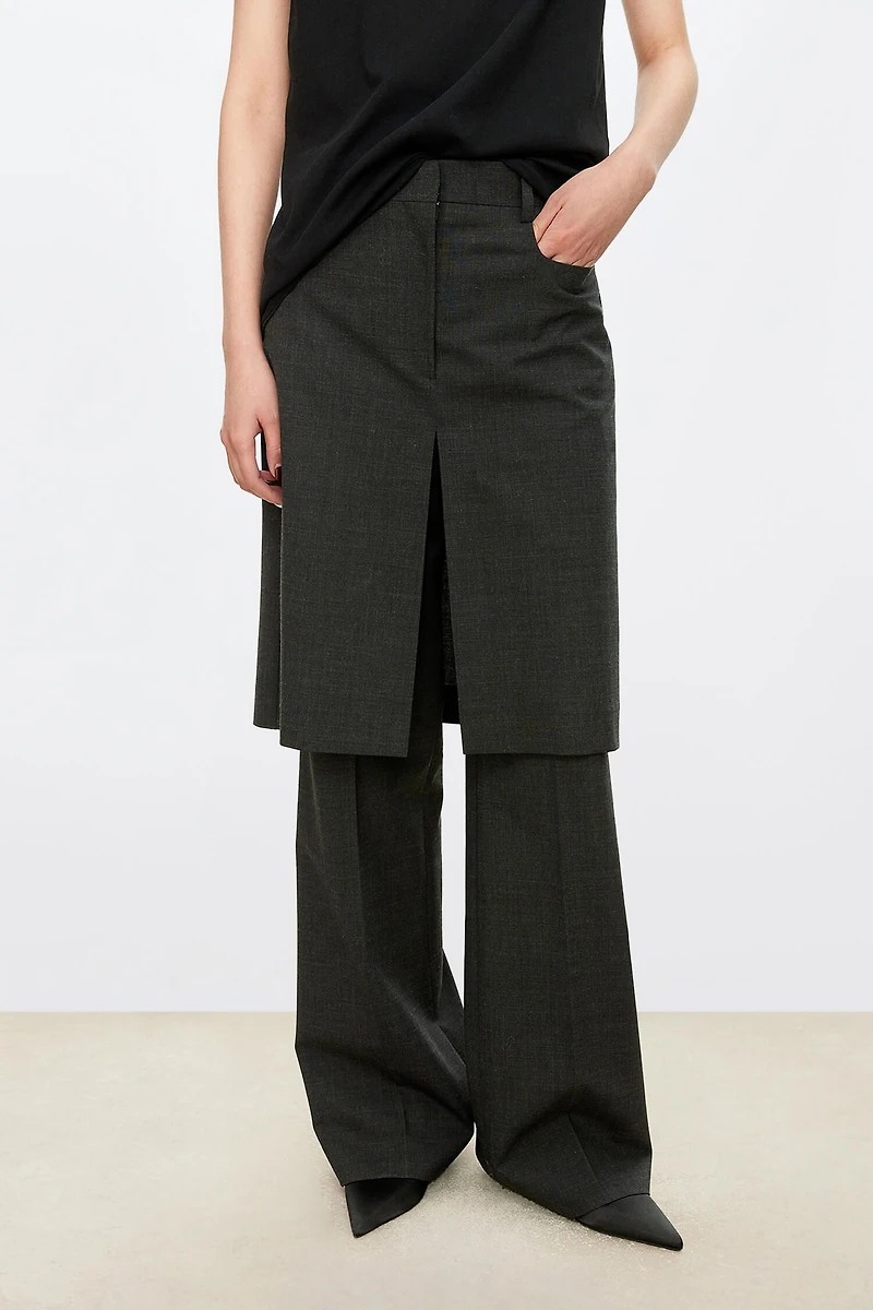 Wool Flared Two-in-One Skirt Pants