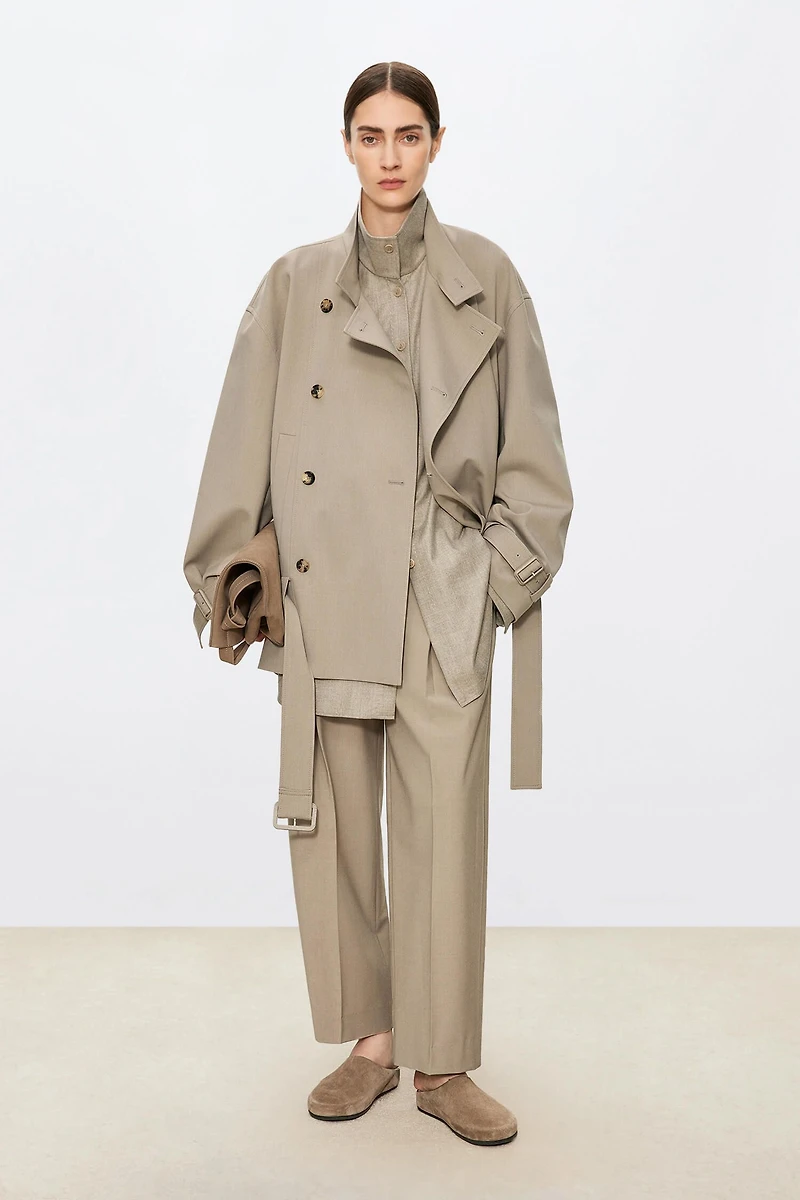 Worsted Wool Asymmetric Placket Short Trench Coat