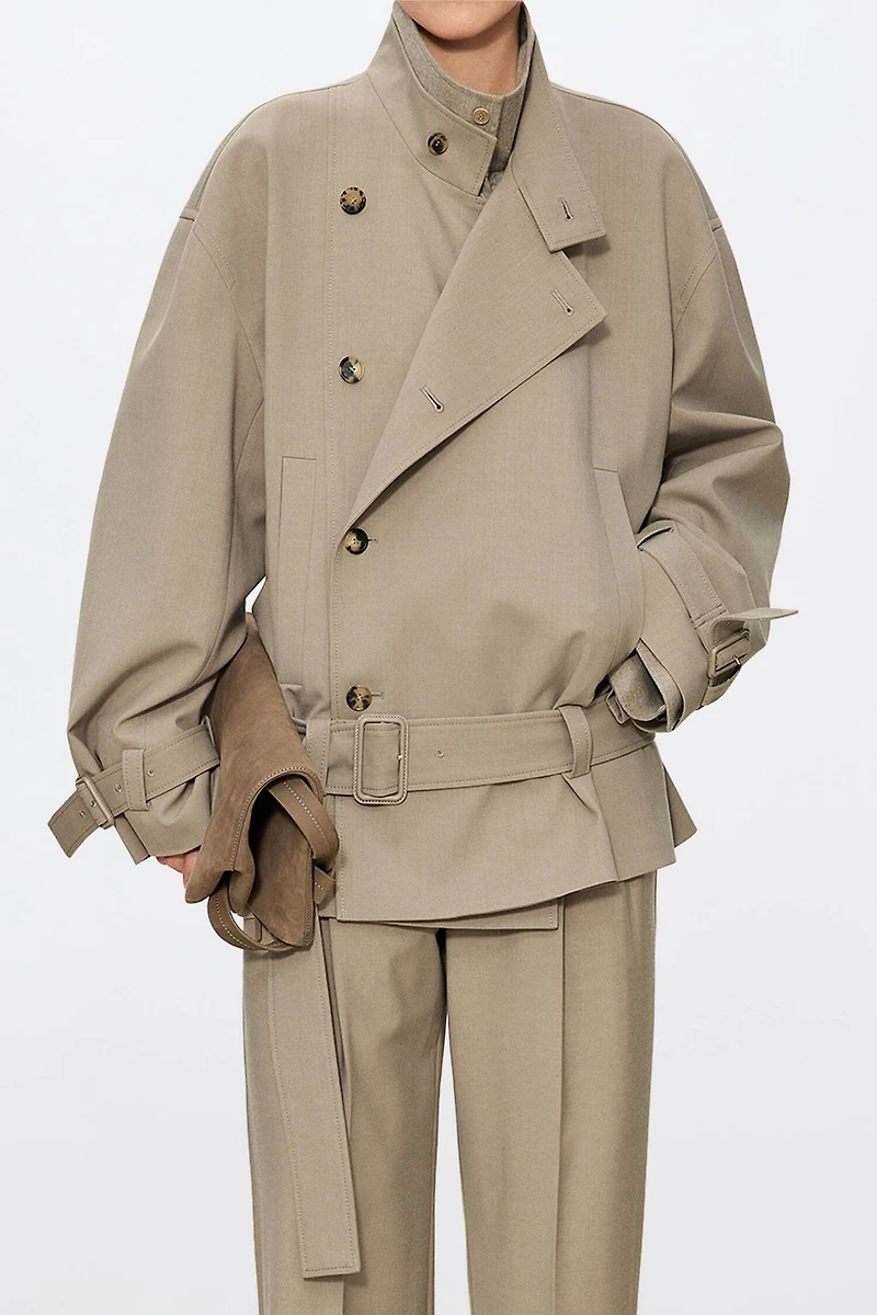 Worsted Wool Asymmetric Placket Short Trench Coat