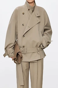 Worsted Wool Asymmetric Placket Short Trench Coat