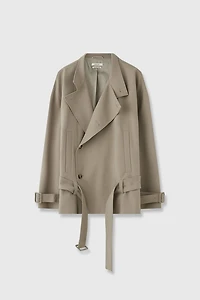 Worsted Wool Asymmetric Placket Short Trench Coat