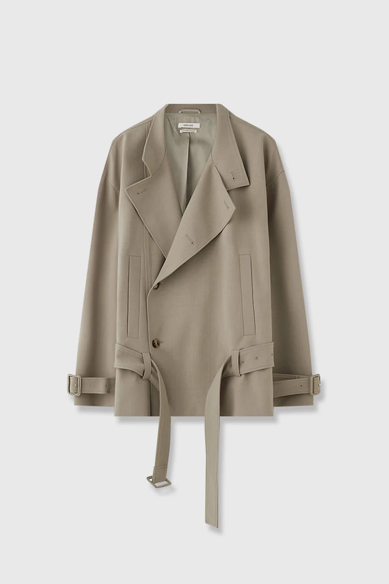 Worsted Wool Asymmetric Placket Short Trench Coat