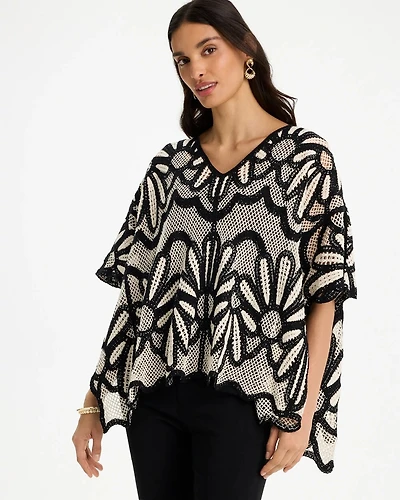 Crochet Lace Contrast Floral Poncho