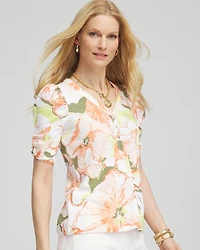 Floral Henley Shirred-Sleeve Tee