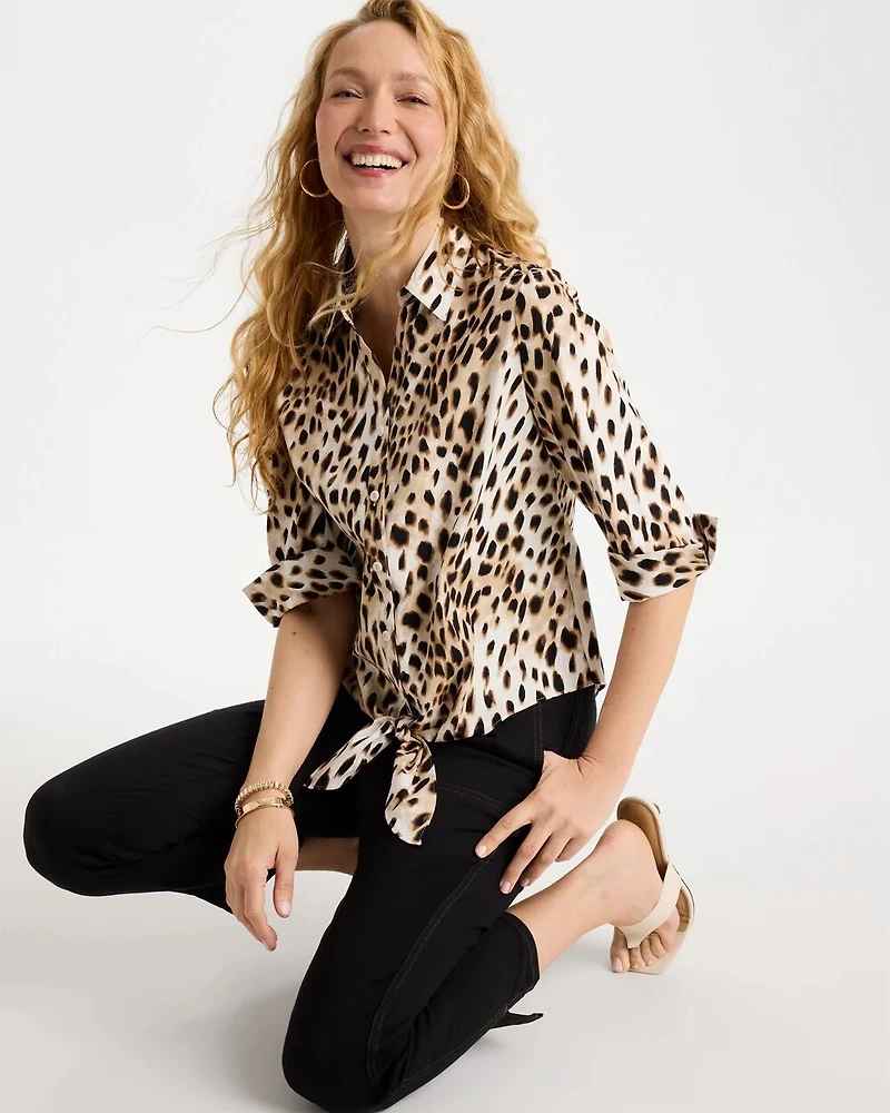 Poplin Cotton Animal Print Tie-Front Top
