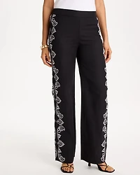 Embroidered Pull-On Wide-Leg Linen Pants