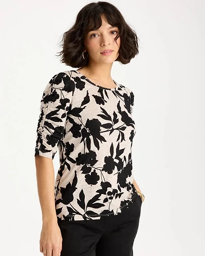 Flora Linen Ruched Sleeve Tee