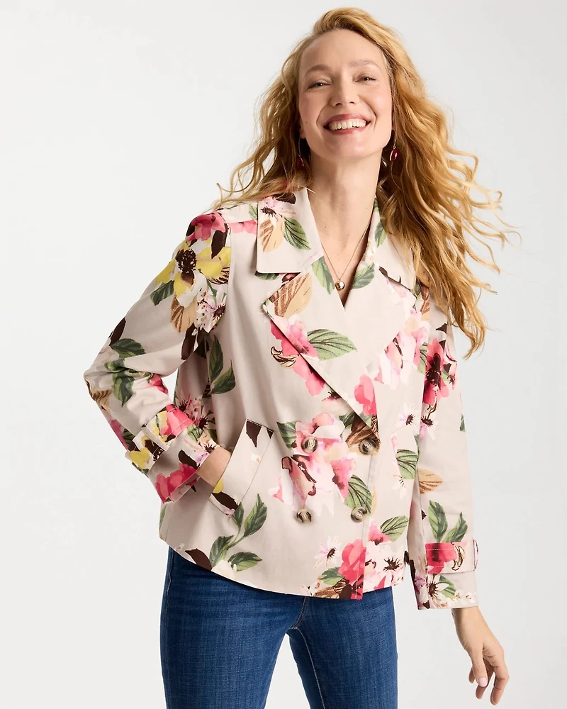 Cotton-Stretch Floral Trench Coat