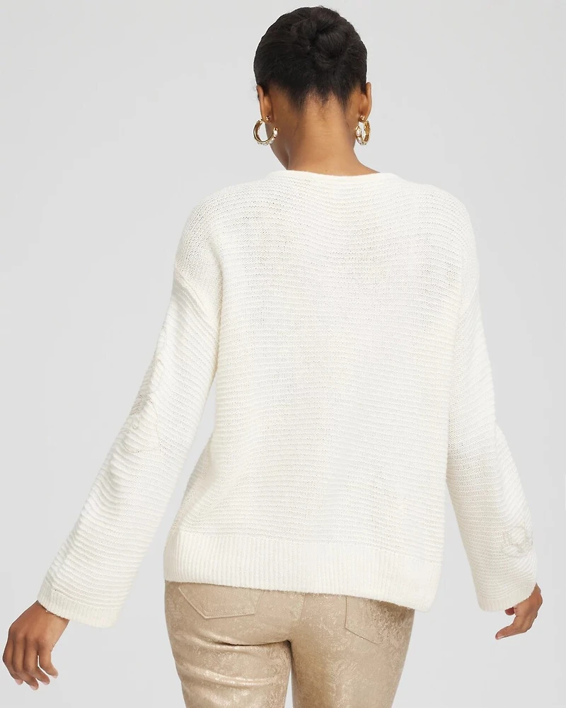 Tonal Embroidered Boatneck Pullover Sweater