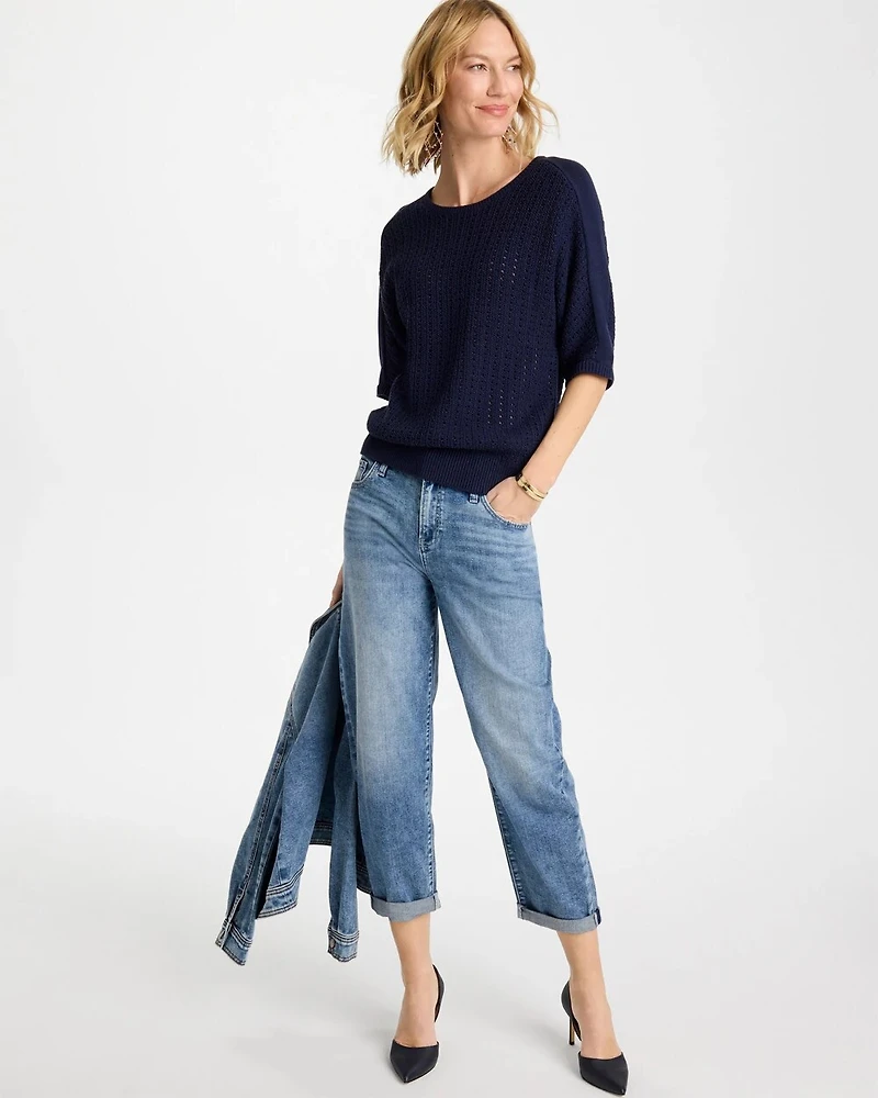 Pointelle Crewneck Pullover Sweater