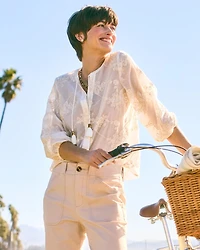 Embroidered Tassel Tie-Front Top