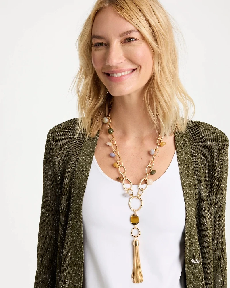 Multi-Color Beaded Tassel Pendant Necklace
