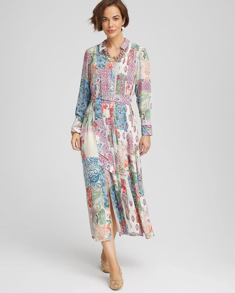 Belted Paisley Patch Maxi Shirtdress