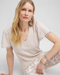 Linen Embroidered Flutter Sleeve Top