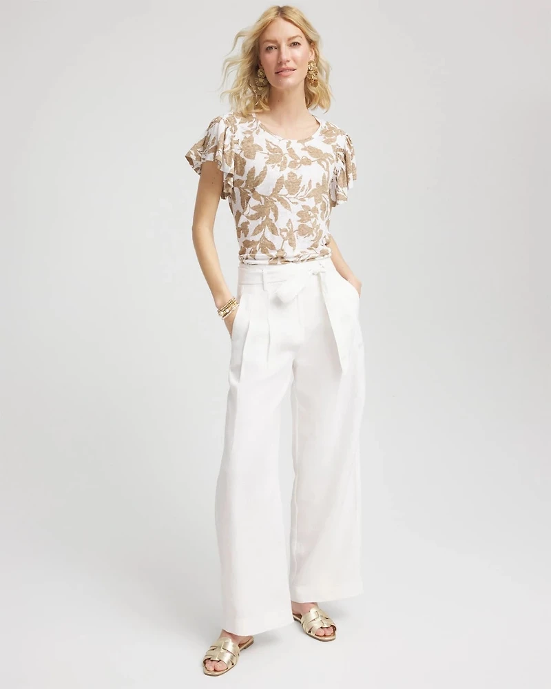 Linen Leaf Print Flutter Sleeve Tee