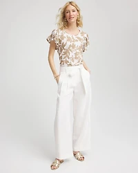 Linen Leaf Print Flutter Sleeve Tee