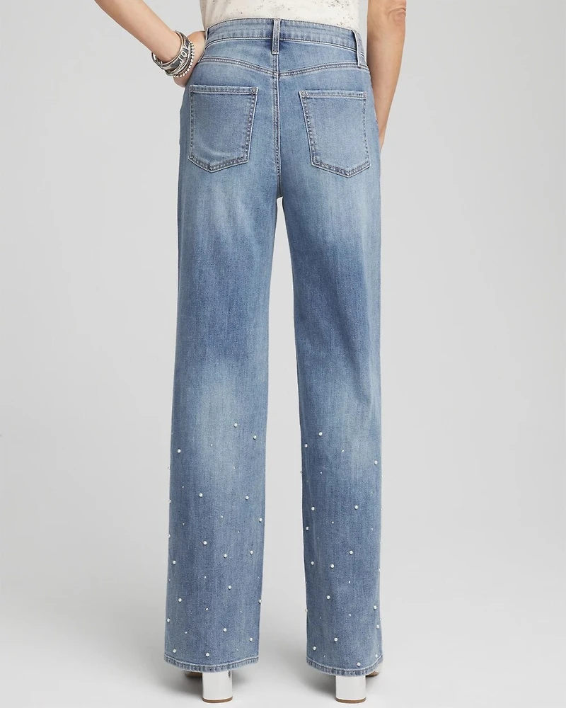 Pearl Embellished High Rise Wide Leg Jeans
