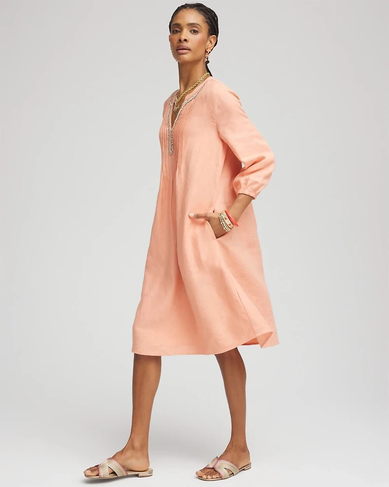 Linen Pintuck 3/4 Sleeved Dress