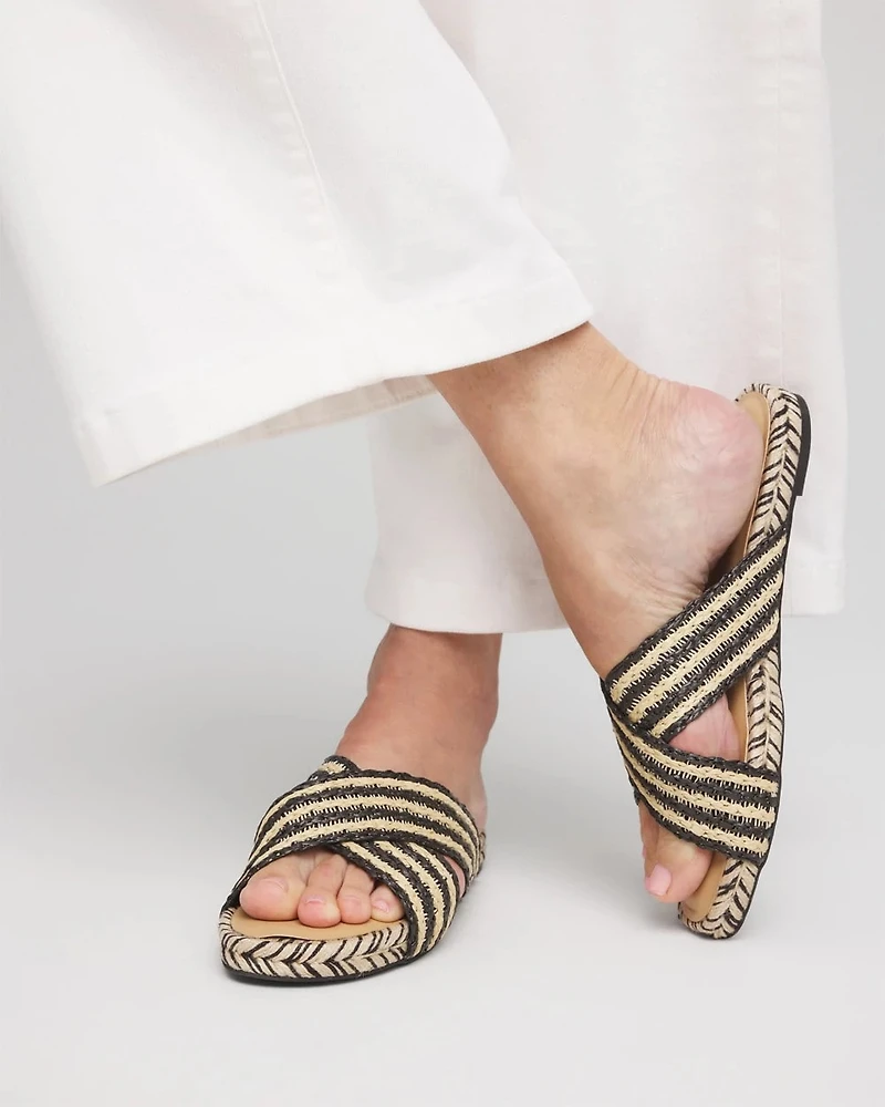 Striped Raffia Cross-Strap Slide Sandal