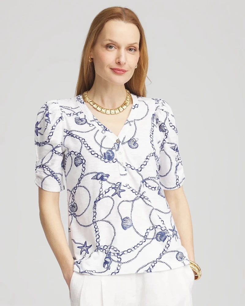 Seashell Slub Shirred-Sleeve Henley Tee