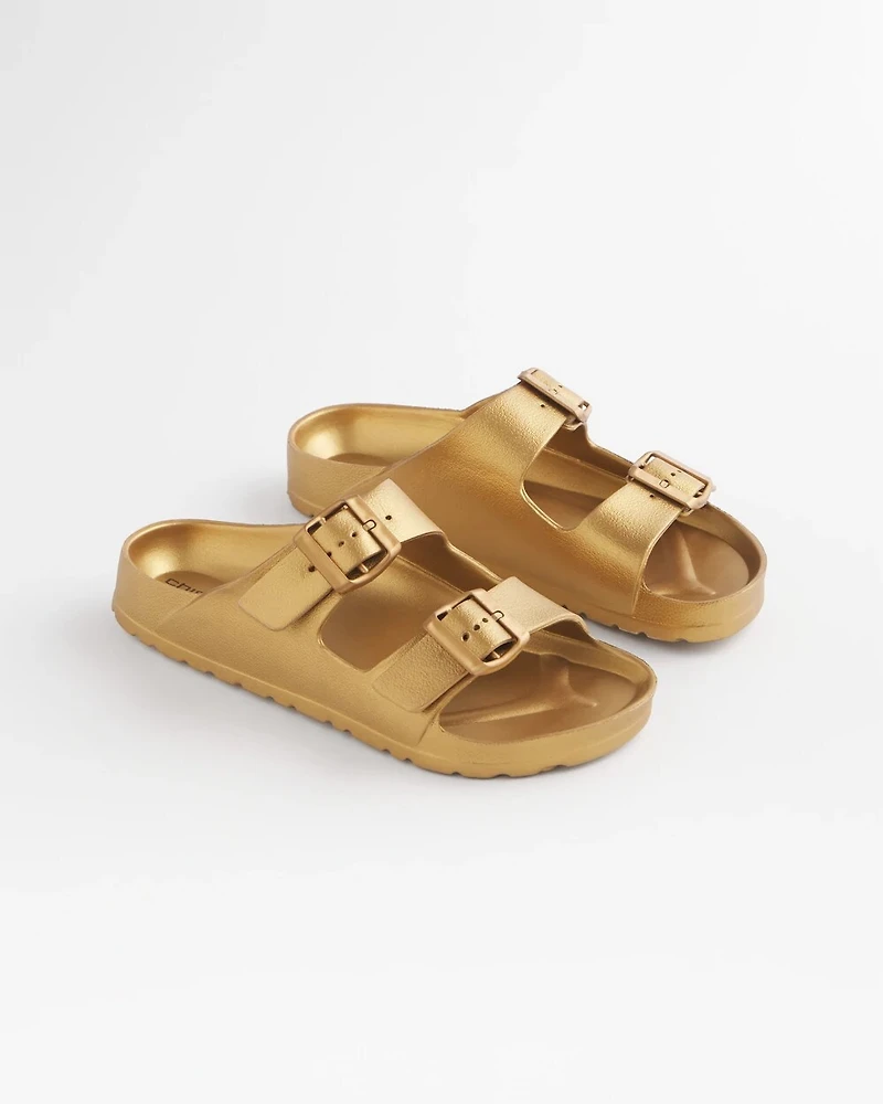 Metallic Double Buckle Pool Slides