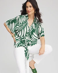 Palm Print Tie-Front Silky Top