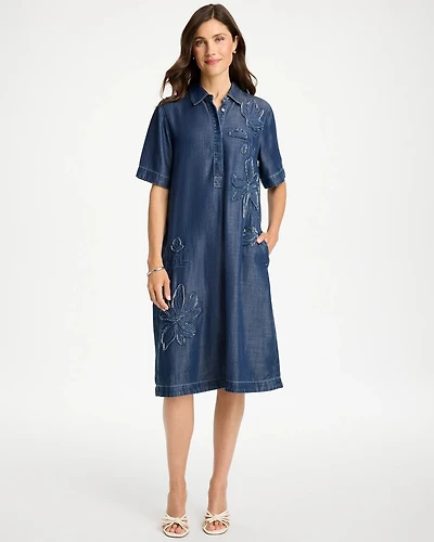 Embellished Denim Knee Length Dress