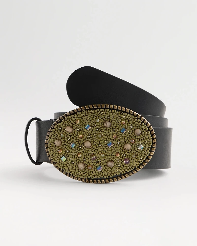 Leather Beaded Oval Buckle Trouser Belt