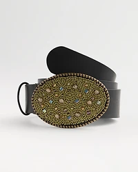 Leather Beaded Oval Buckle Trouser Belt